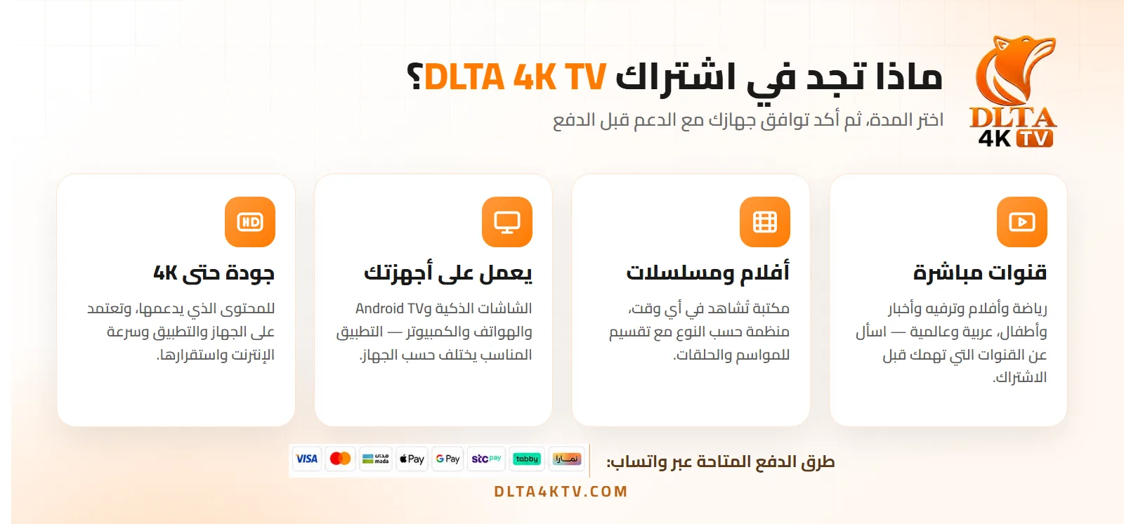 ما تجده في اشتراك DLTA 4K TV وطرق الدفع المتاحة عبر واتساب